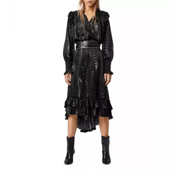 ALLSAINTS Women's Lara Viola Black Ruffled Feather Print Silk Dress US Size 10 - Picture 1 of 10
